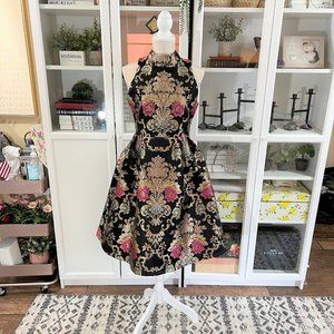 ChicWish SPLENDID PEONY BAROQUE JACQUARD SLEEVELESS DRESS IN BLACK